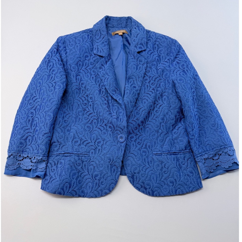Ellen Tracy Royal Blue Floral Lace Blazer Jacket Scalloped Cuff Size 12